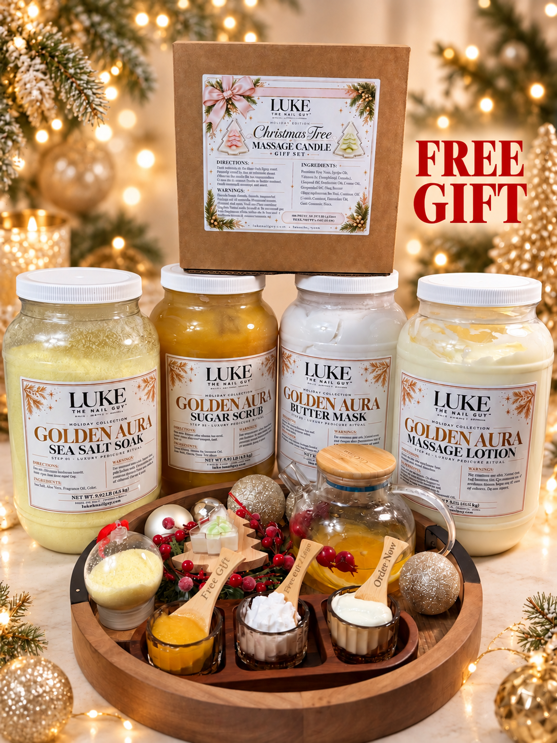 Holiday 4-Step Pedicure Set + Free Christmas Tree Massage Candles & Wooden Spoon Sets