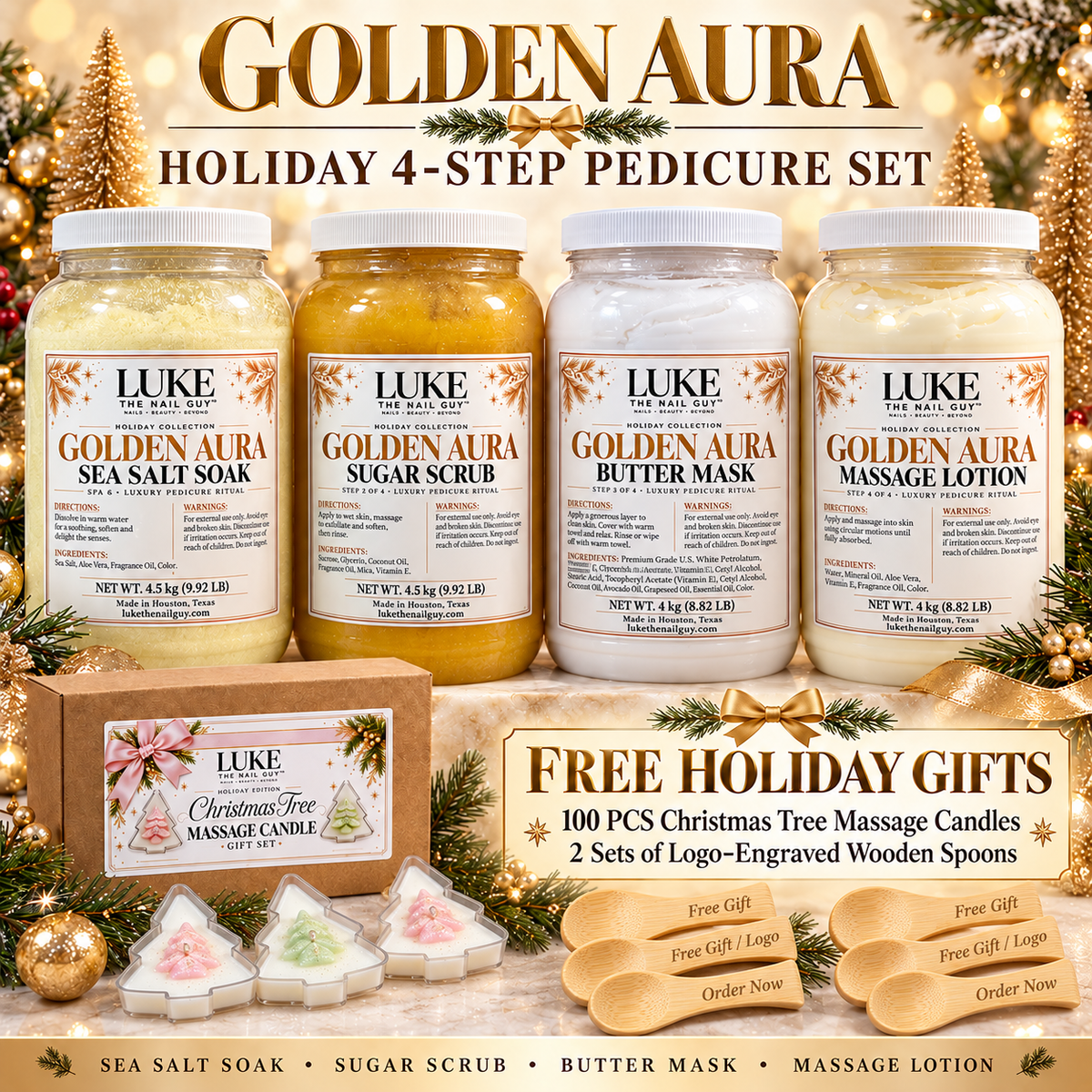 Holiday 4-Step Pedicure Set + Free Christmas Tree Massage Candles & Wooden Spoon Sets