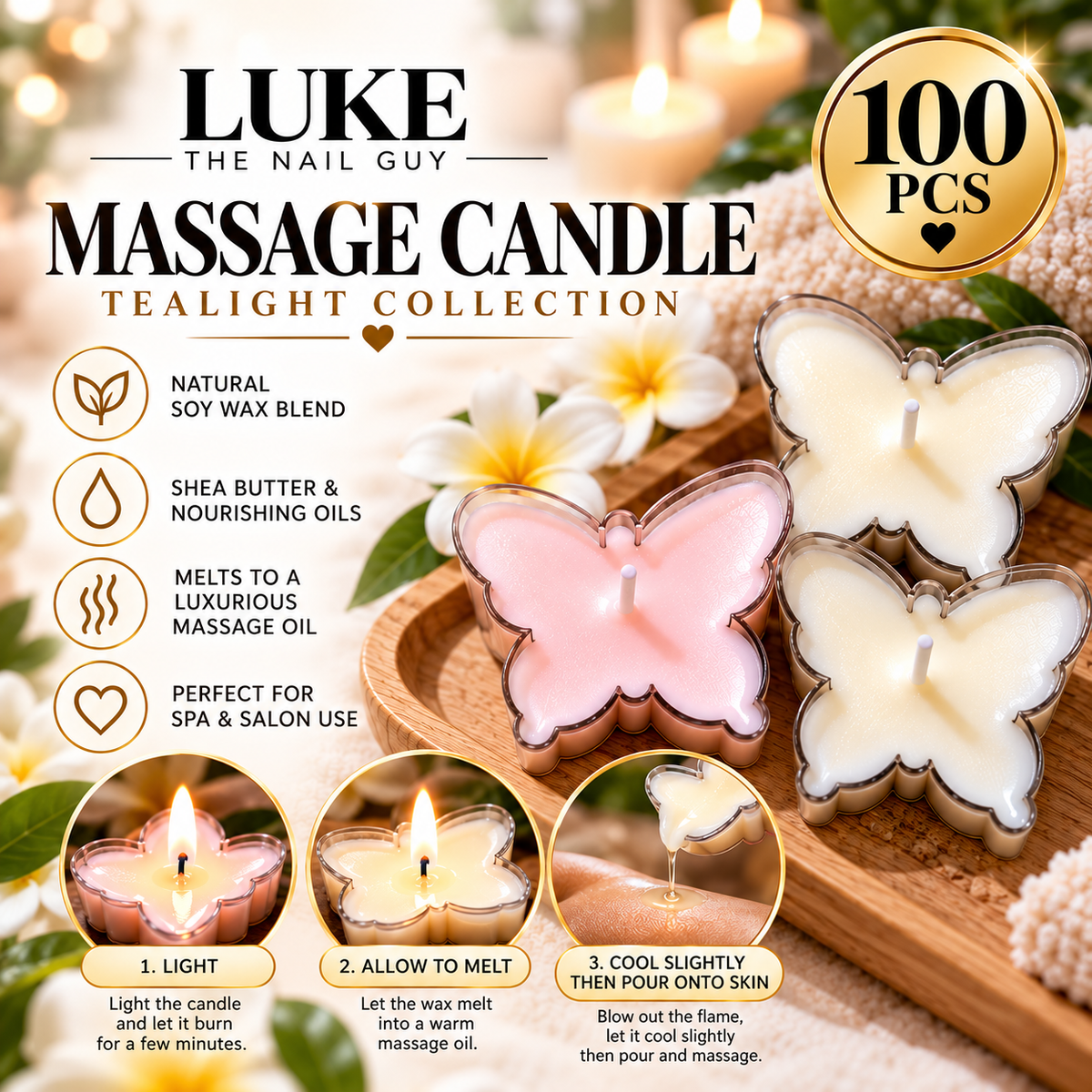 Butterfly Massage Candle Tealights | Soy Wax, Shea Butter & Nourishing Oils | Spa & Nail Salon